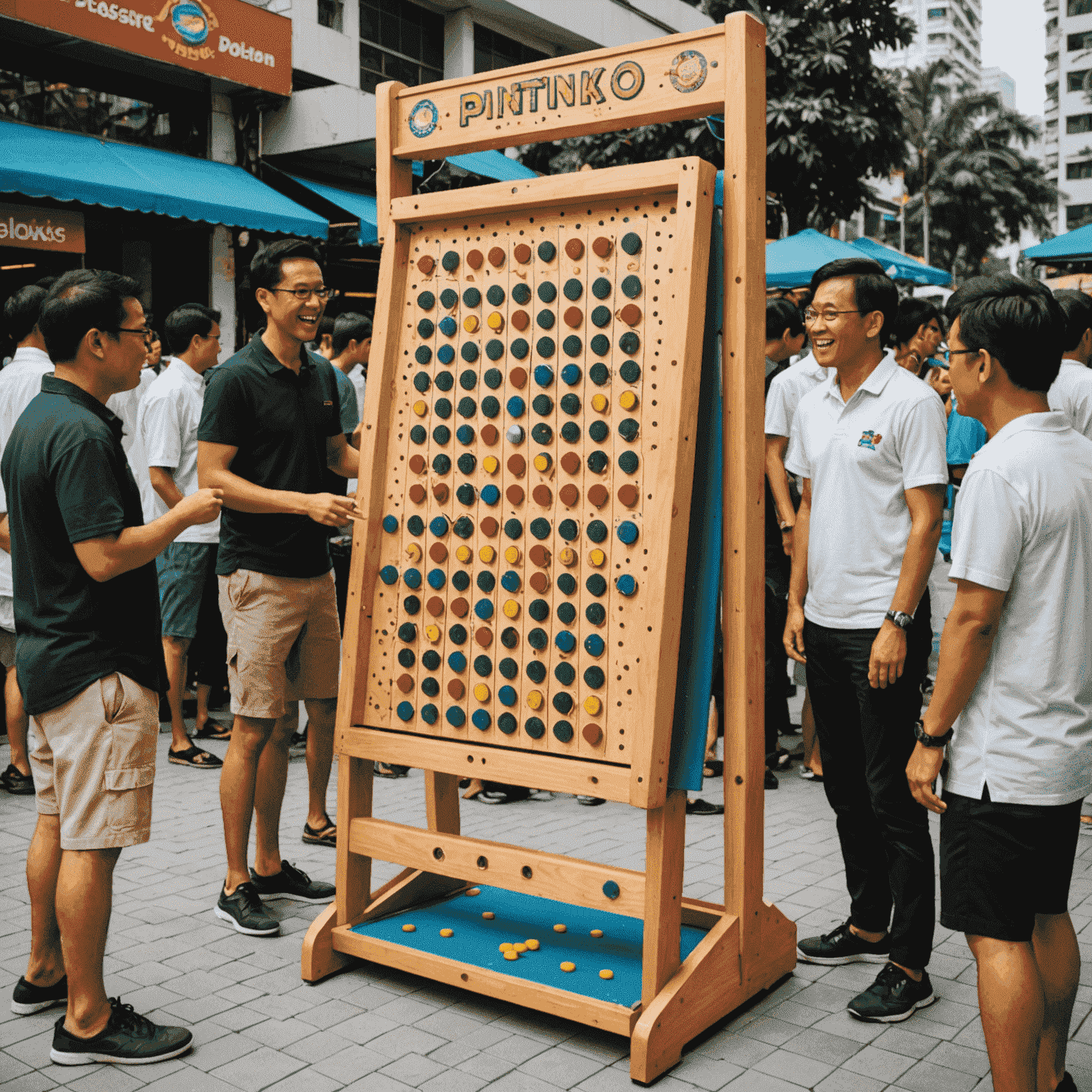 Sebuah turnamen Plinko yang ramai di Kuala Lumpur, dengan pemain-pemain yang antusias mengelilingi papan Plinko besar