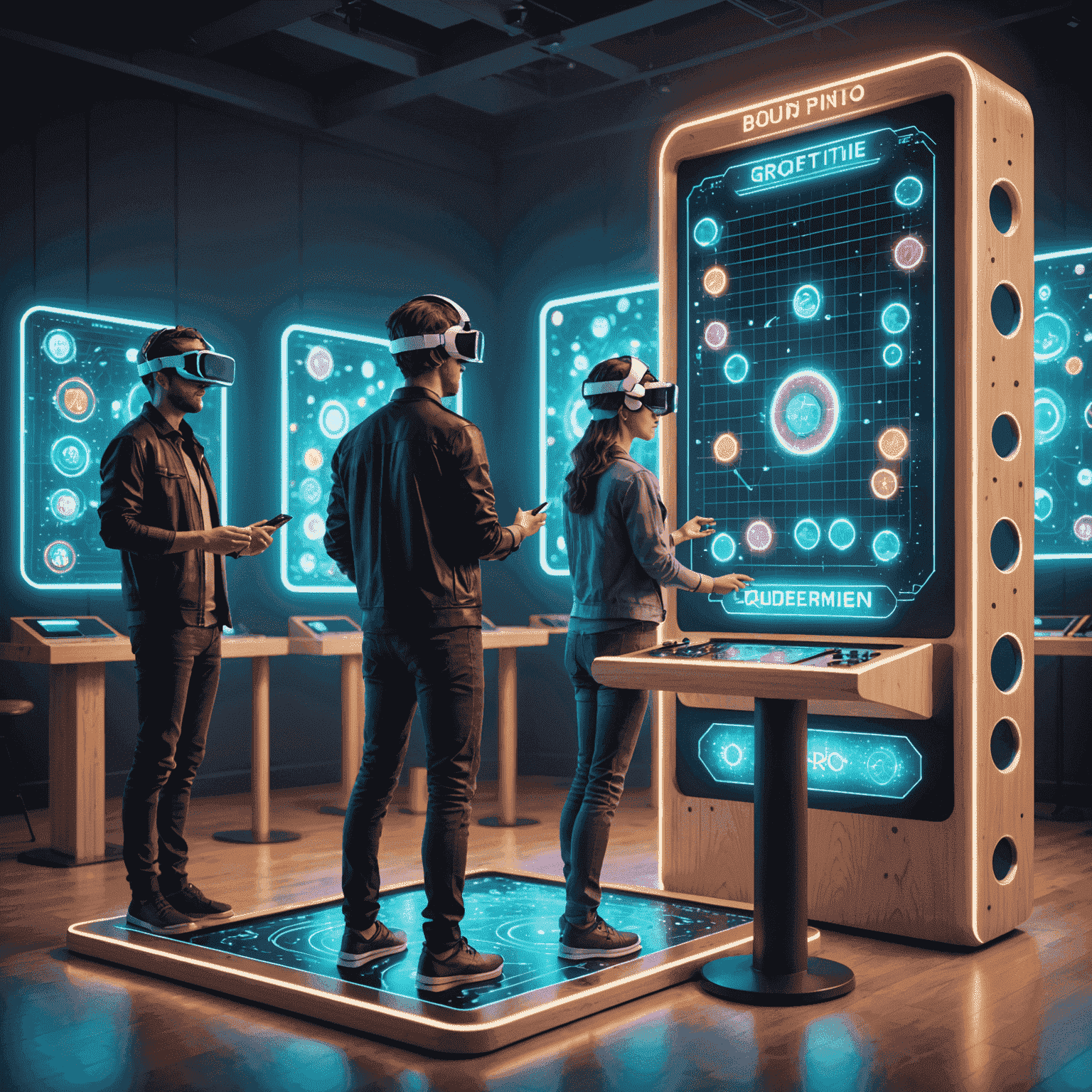 Ilustrasi futuristik Plinko digital dengan papan permainan holografik dan pemain menggunakan headset VR