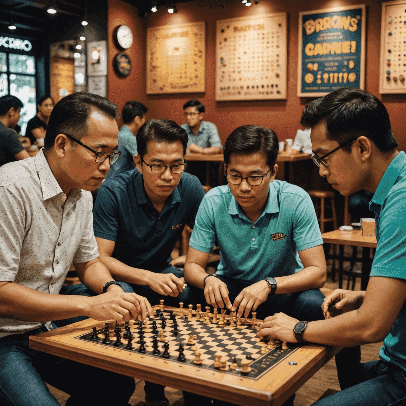 Sekelompok pemain Plinko Malaysia yang beragam sedang berdiskusi strategi di sebuah kafe board game di Kuala Lumpur